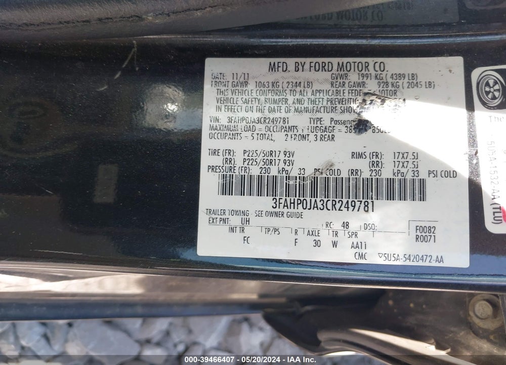 2012 FORD FUSION VIN: 3FAHP0JA3CR249781