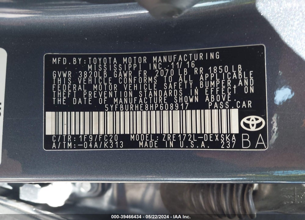 2017 TOYOTA COROLLA SE VIN: 5YFBURHE8HP608917