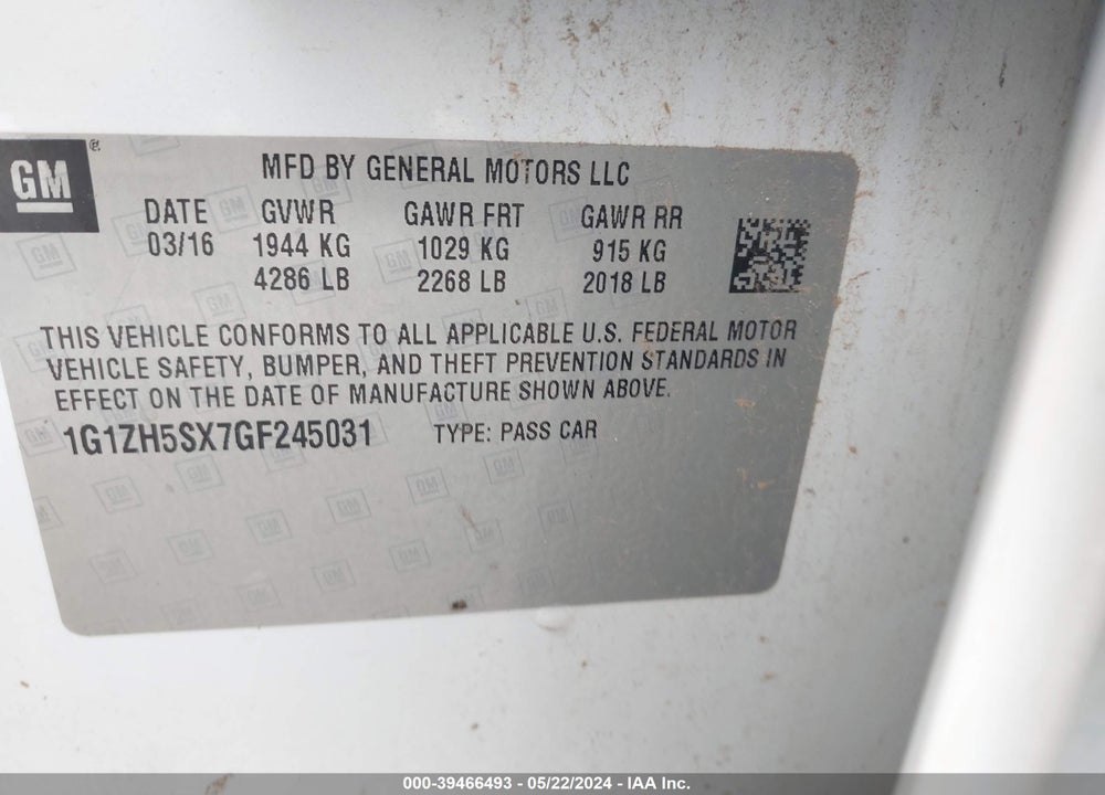 2016 CHEVROLET MALIBU VIN: 1G1ZH5SX7GF245031