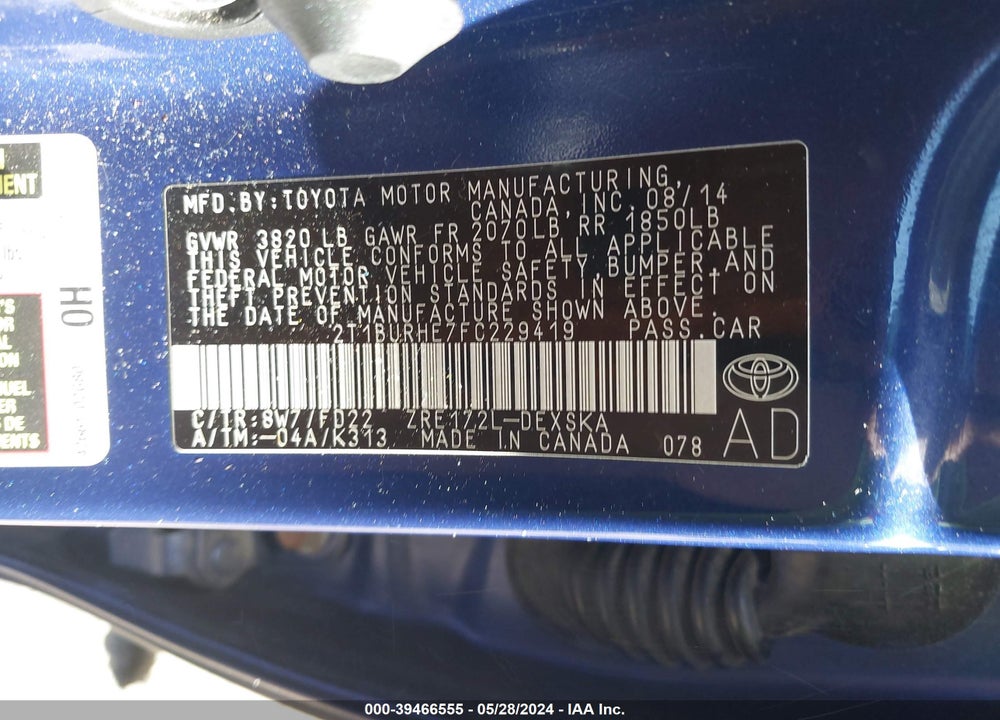 2015 TOYOTA COROLLA S PLUS VIN: 2T1BURHE7FC229419