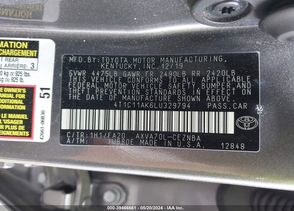 2020 TOYOTA CAMRY LE VIN: 4T1C11AK6LU329794