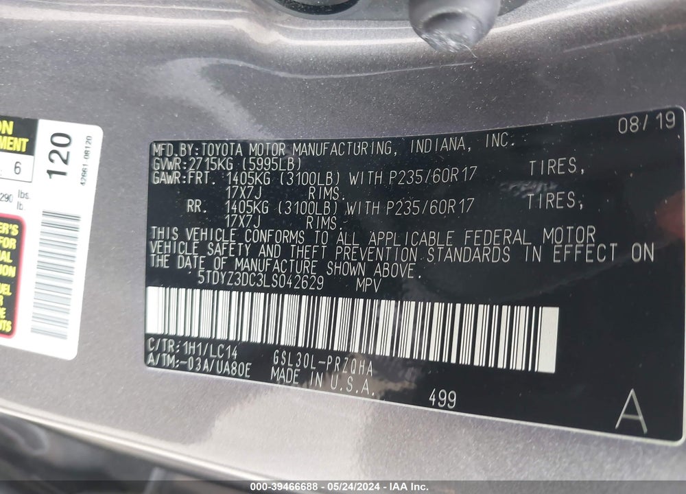 2020 TOYOTA SIENNA XLE VIN: 5TDYZ3DC3LS042629