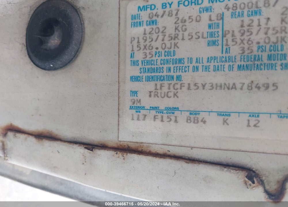 1987 FORD F150 VIN: 1FTCF15Y3HNA78495