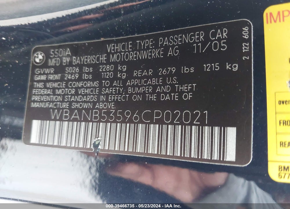 2006 BMW 550I VIN: WBANB53596CP02021