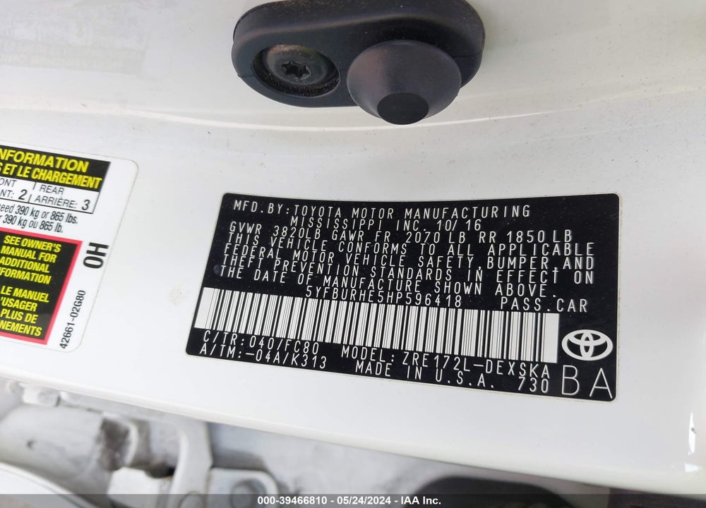 2017 TOYOTA COROLLA SE VIN: 5YFBURHE5HP596418