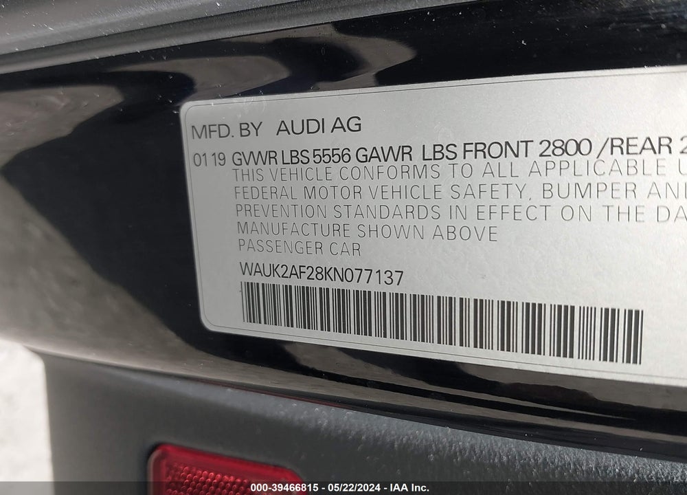 2019 AUDI A6 55 PREMIUM VIN: WAUK2AF28KN077137