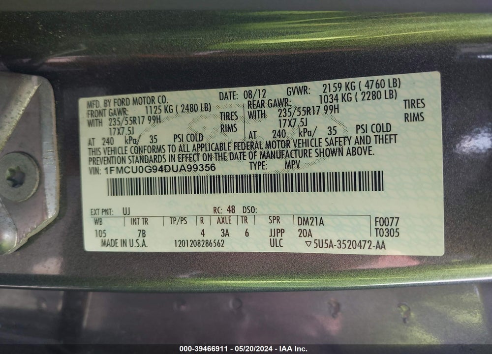 2013 FORD ESCAPE SE VIN: 1FMCU0G94DUA99356