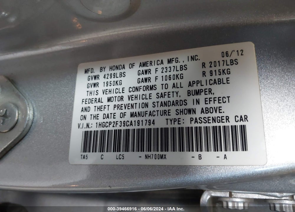 2012 HONDA ACCORD 2.4 LX VIN: 1HGCP2F39CA191794