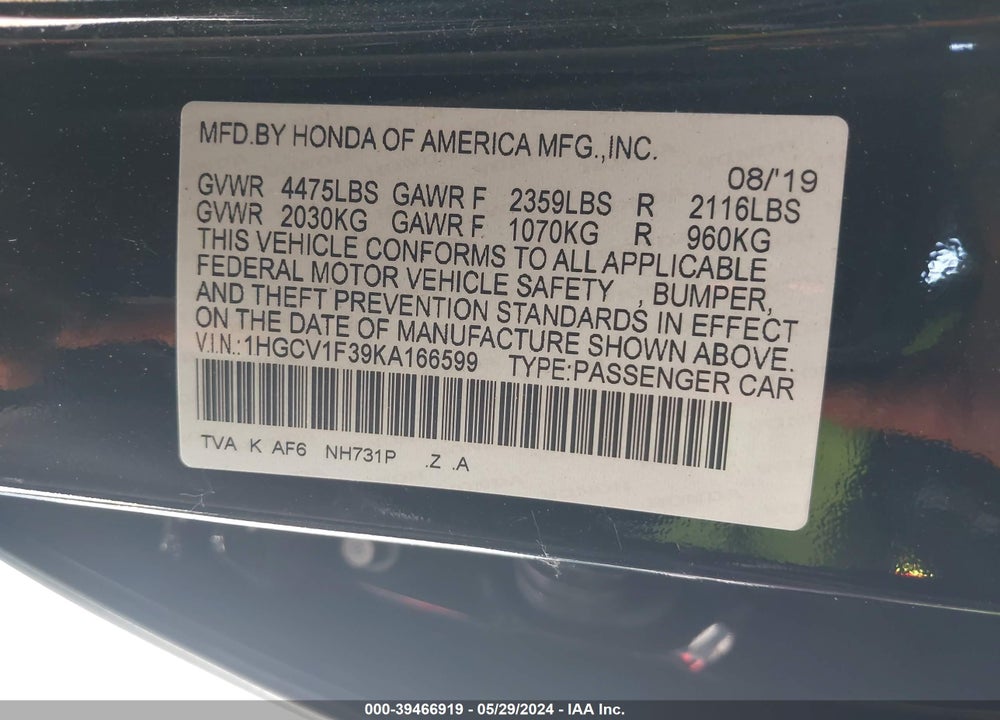 2019 HONDA ACCORD SPORT VIN: 1HGCV1F39KA166599