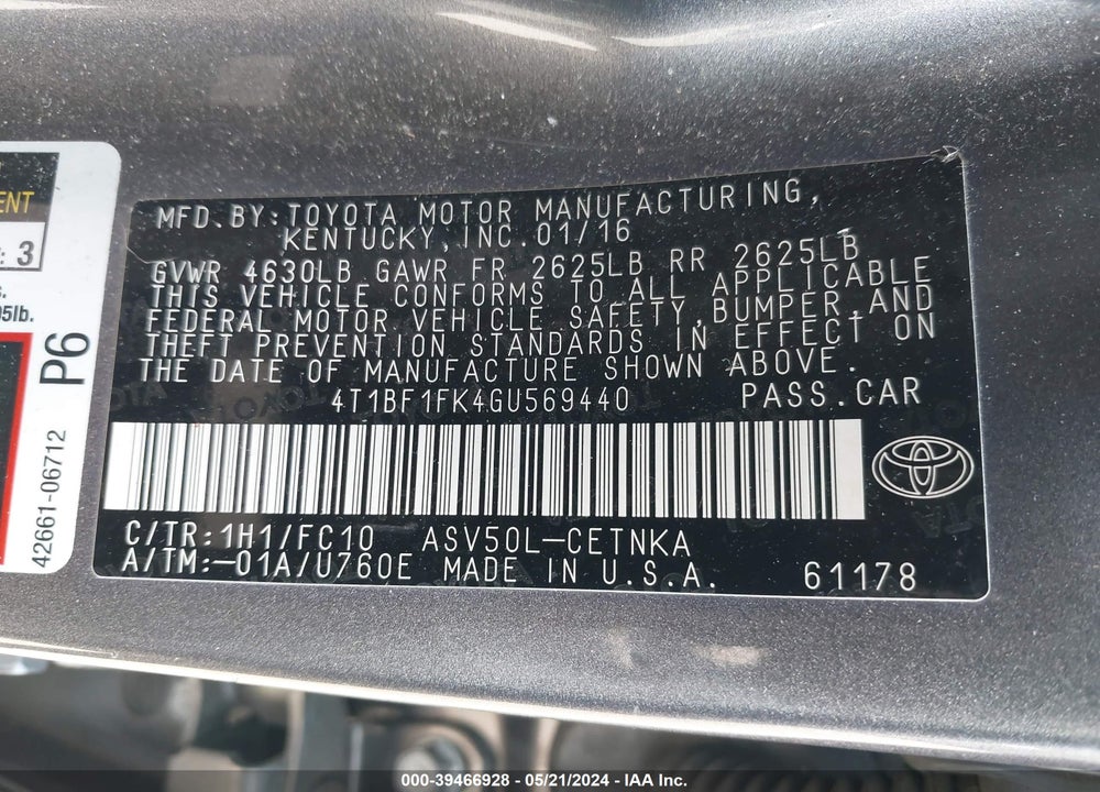 2016 TOYOTA CAMRY LE VIN: 4T1BF1FK4GU569440