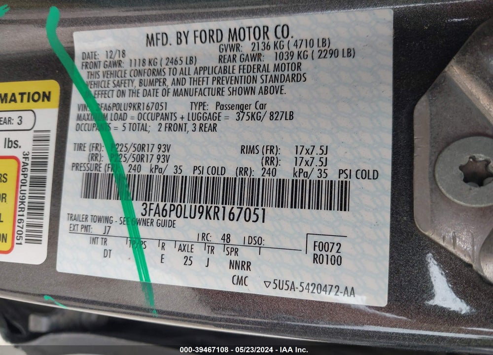 2019 FORD FUSION HYBRID SE VIN: 3FA6P0LU9KR167051