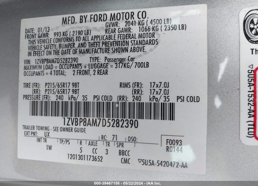 2013 FORD MUSTANG V6 VIN: 1ZVBP8AM7D5282390