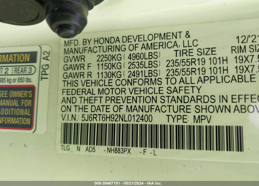 2022 HONDA CR-V HYBRID TOURING VIN: 5J6RT6H92NL012400