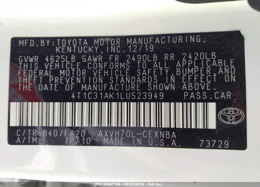 2020 TOYOTA CAMRY LE HYBRID VIN: 4T1C31AK1LU523949