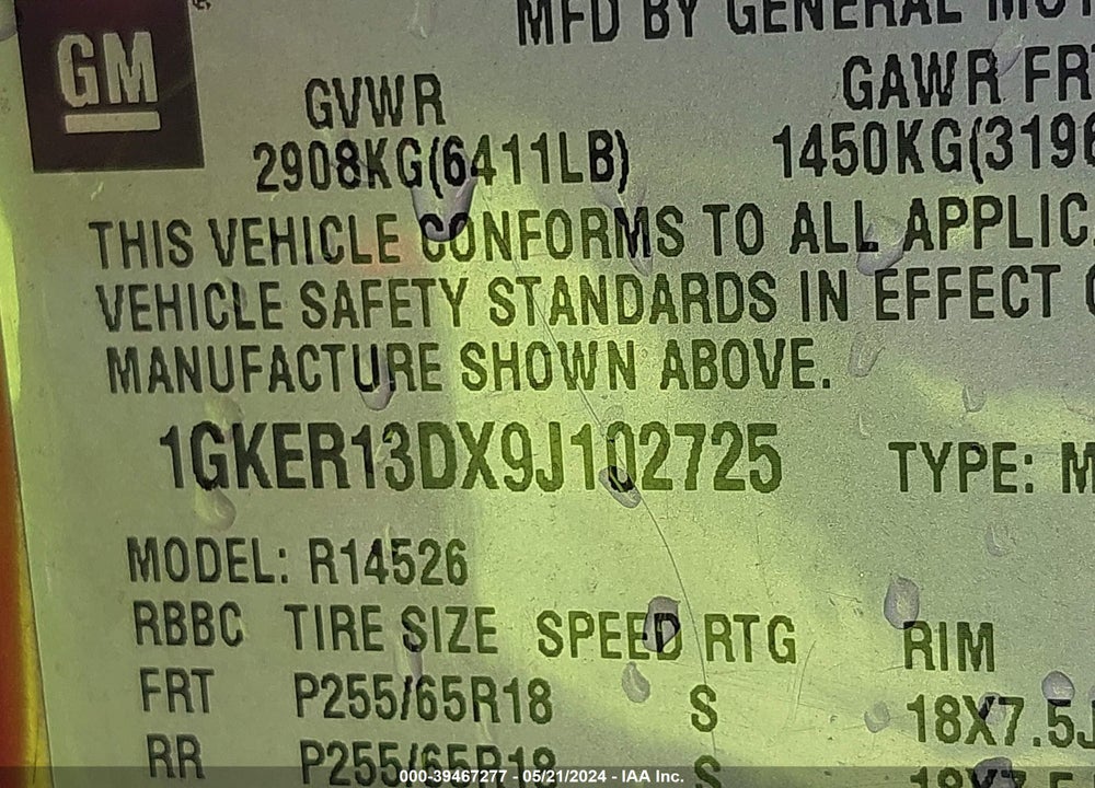 2009 GMC ACADIA SLE-1 VIN: 1GKER13DX9J102725