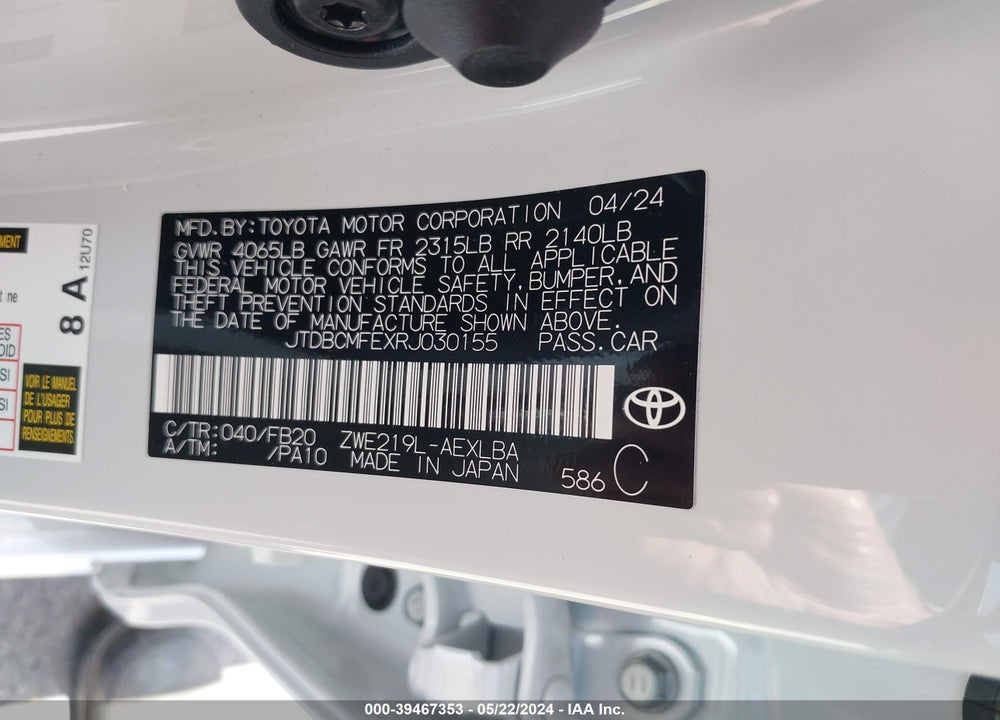 2024 TOYOTA COROLLA HYBRID LE VIN: JTDBCMFEXRJ030155