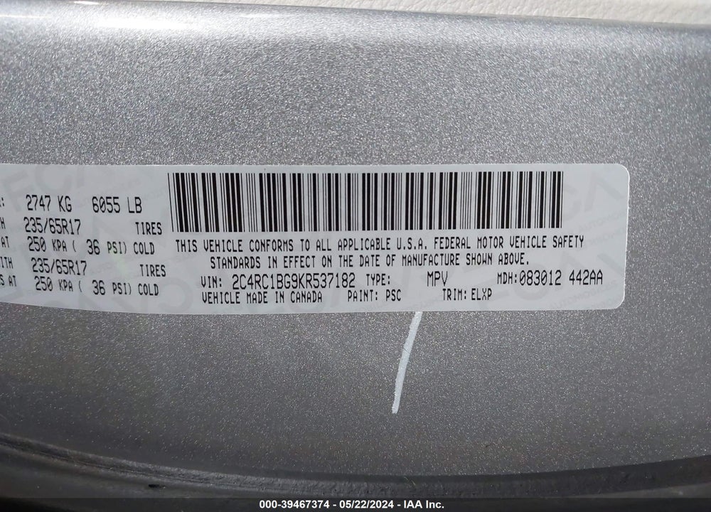 2019 CHRYSLER PACIFICA TOURING L VIN: 2C4RC1BG9KR537182