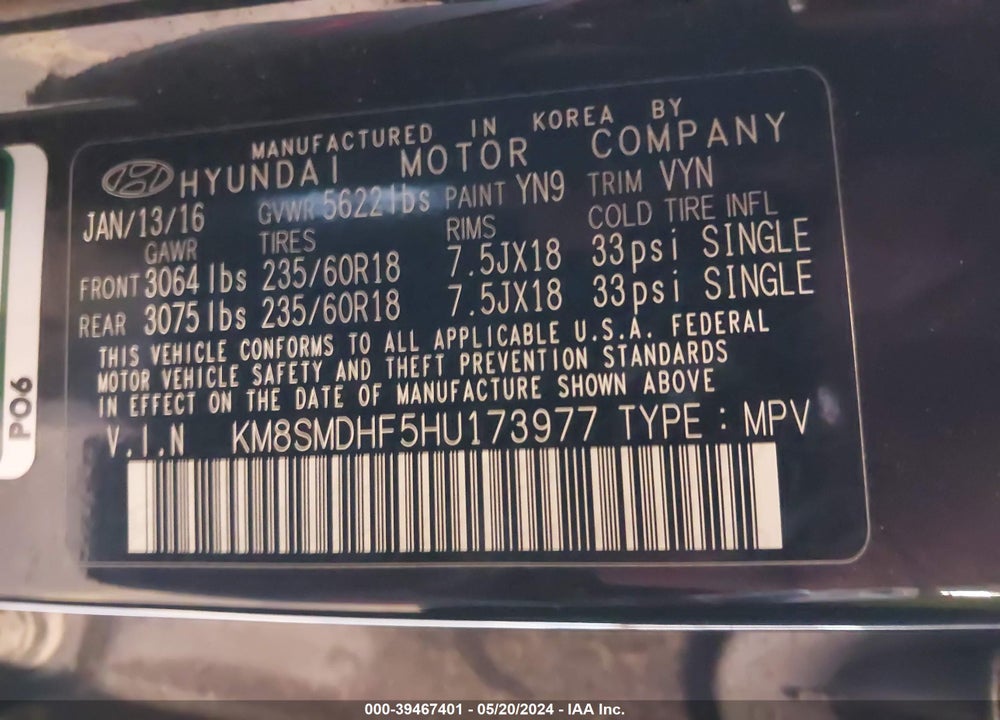2017 HYUNDAI SANTA FE SE VIN: KM8SMDHF5HU173977