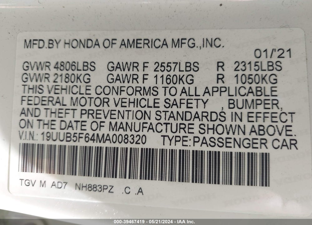2021 ACURA TLX ADVANCE PACKAGE VIN: 19UUB5F64MA008320