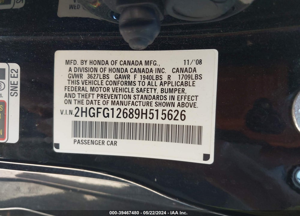 2009 HONDA CIVIC VIN: 2HGFG12689H515626