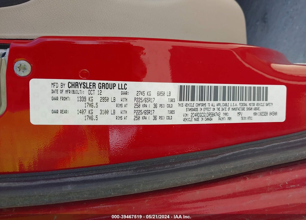 2013 DODGE GRAND CARAVAN VIN: 2C4RDGCG1DR584742