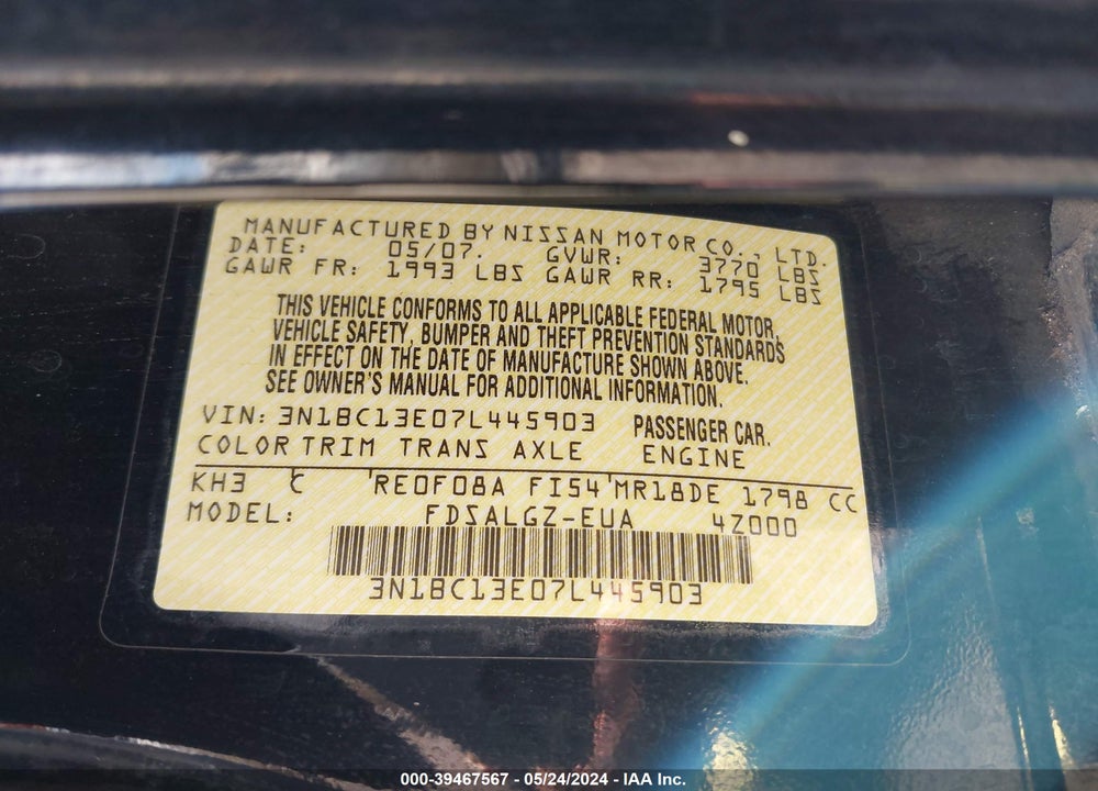 2007 NISSAN VERSA 1.8SL VIN: 3N1BC13E07L445903