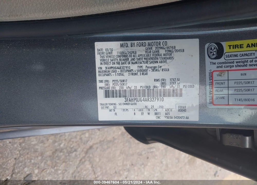 2010 FORD FUSION SEL VIN: 3FAHP0JG4AR327910