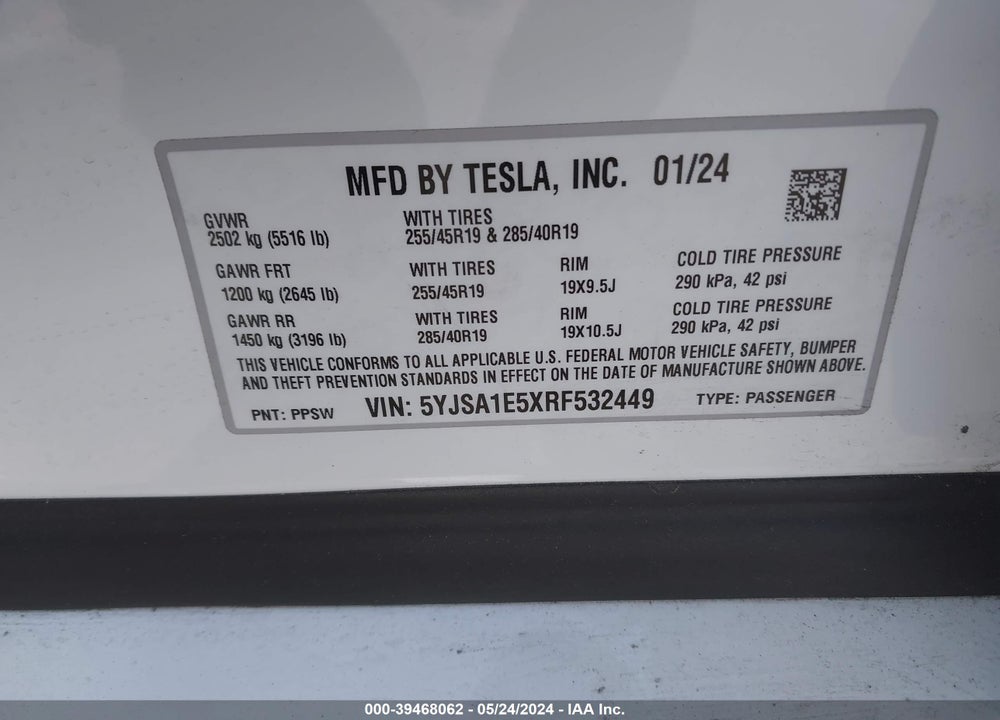2024 TESLA MODEL S LONG RANGE VIN: 5YJSA1E5XRF532449