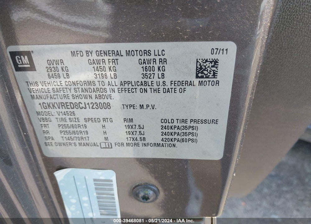 2012 GMC ACADIA SLT-1 VIN: 1GKKVRED8CJ123008