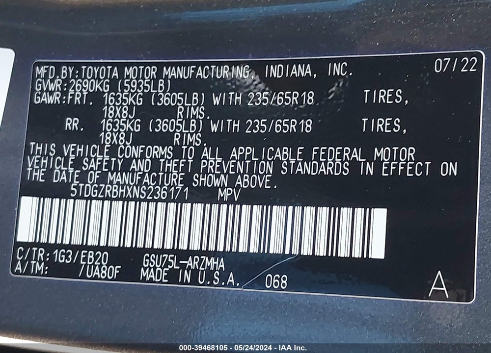 2022 TOYOTA HIGHLANDER XLE VIN: 5TDGZRBHXNS236171