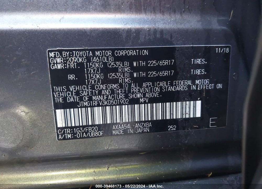 2019 TOYOTA RAV4 LE VIN: JTMG1RFV3KD501902
