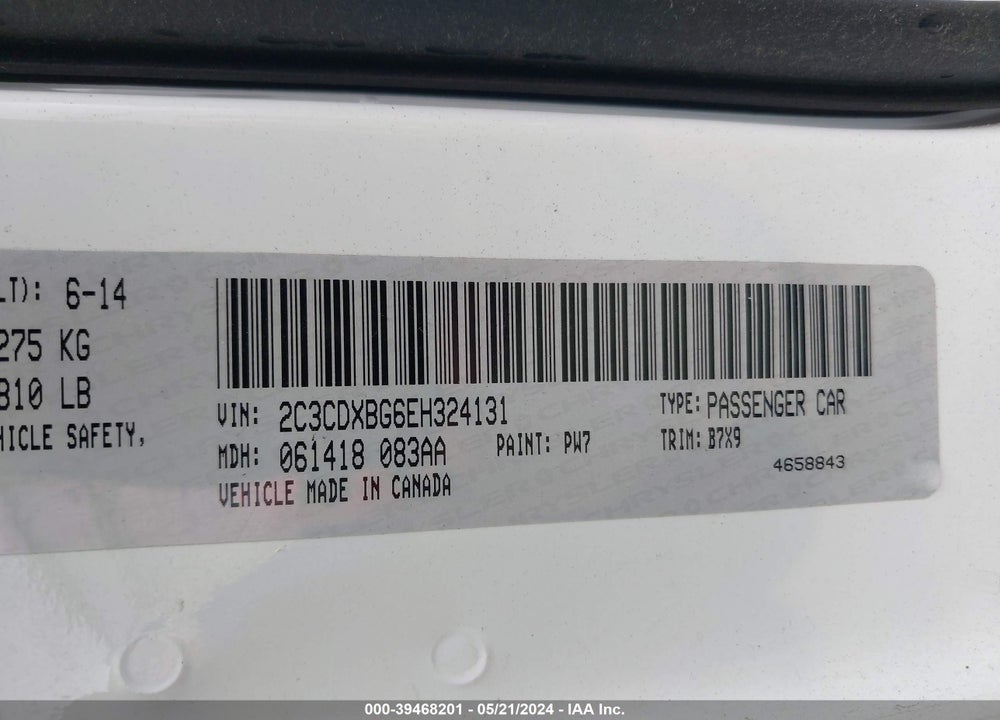 2014 DODGE CHARGER SE VIN: 2C3CDXBG6EH324131