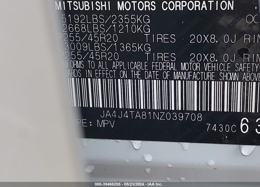 2022 MITSUBISHI OUTLANDER VIN: JA4J4TA81NZ039708