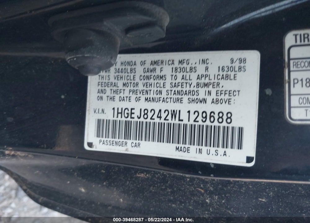 1998 HONDA CIVIC EX VIN: 1HGEJ8242WL129688