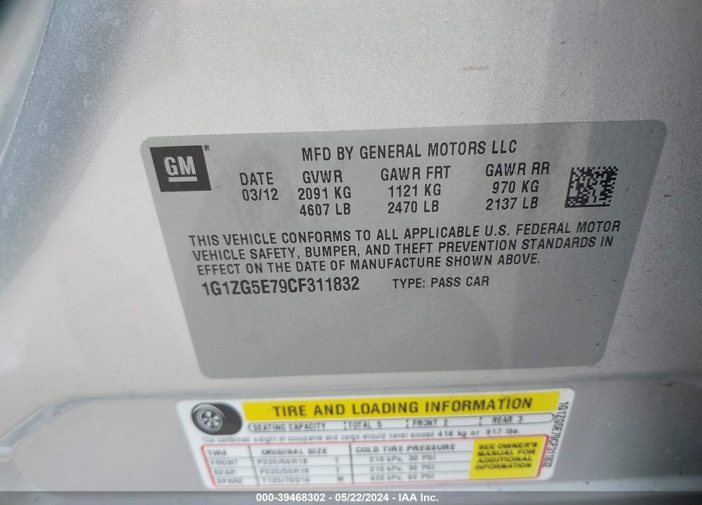 2012 CHEVROLET MALIBU 2LZ VIN: 1G1ZG5E79CF311832