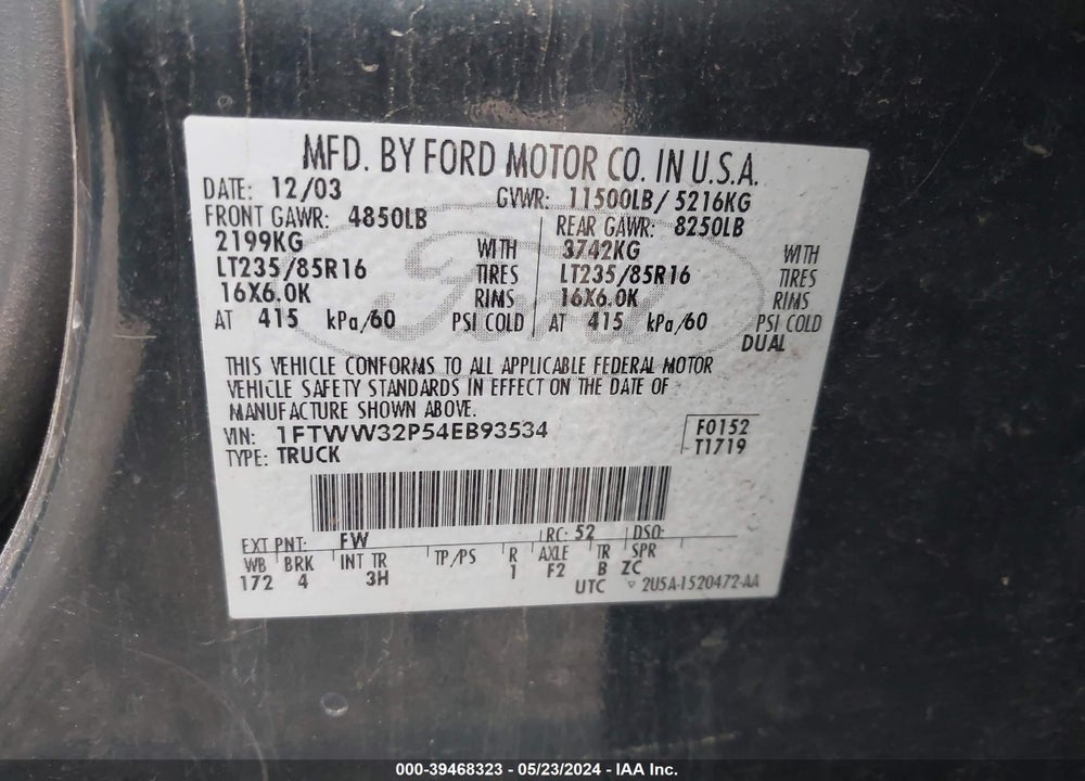 2004 FORD F-350 LARIAT/XL/XLT VIN: 1FTWW32P54EB93534