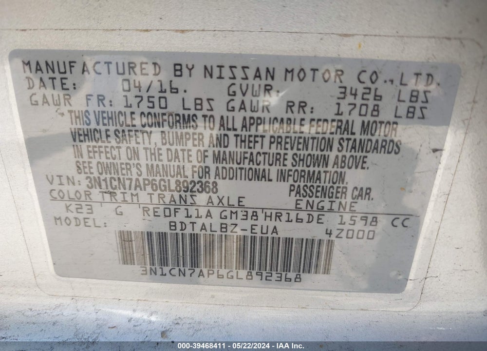 2016 NISSAN VERSA 1.6 SV VIN: 3N1CN7AP6GL892368