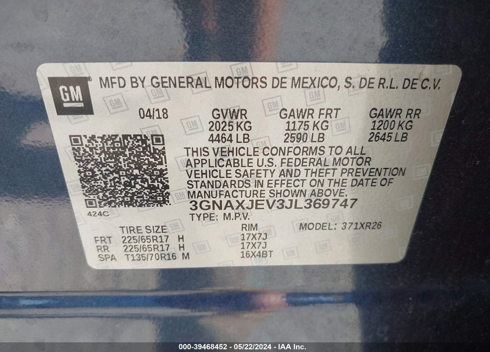 2018 CHEVROLET EQUINOX LT VIN: 3GNAXJEV3JL369747