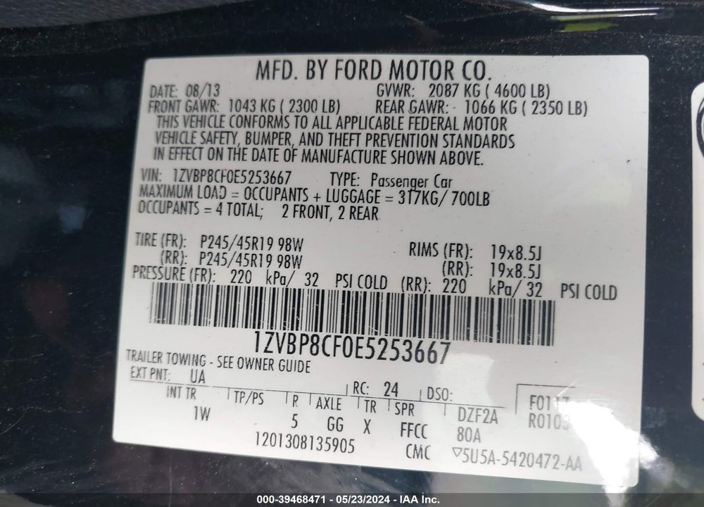 2014 FORD MUSTANG GT VIN: 1ZVBP8CF0E5253667