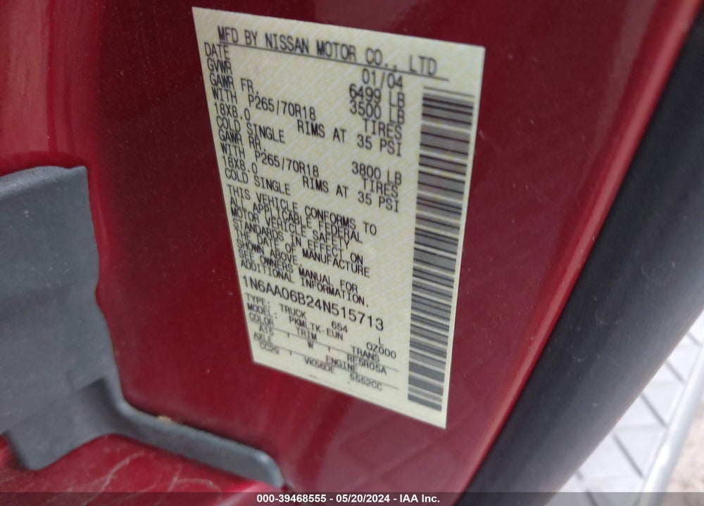 2004 NISSAN TITAN SE VIN: 1N6AA06B24N515713