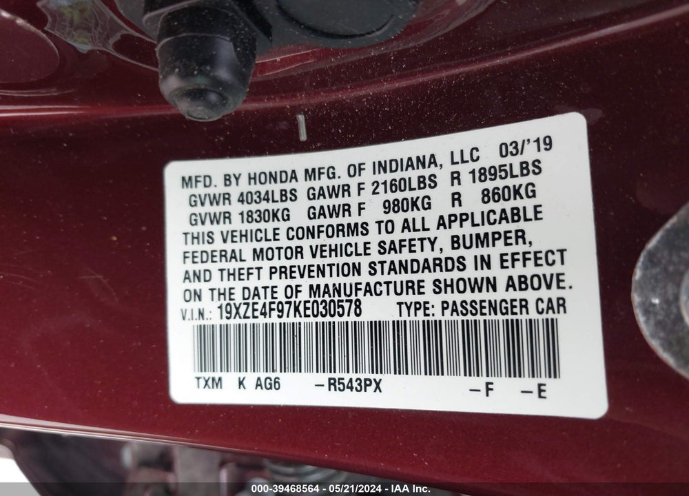 2019 HONDA INSIGHT TOURING VIN: 19XZE4F97KE030578