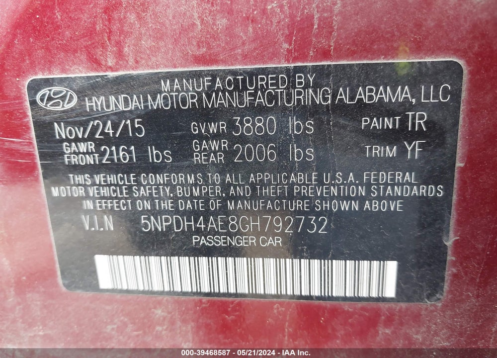2016 HYUNDAI ELANTRA SE VIN: 5NPDH4AE8GH792732