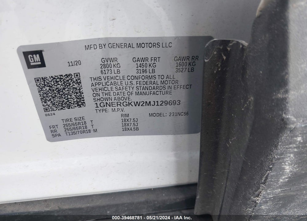 2021 CHEVROLET TRAVERSE FWD LT CLOTH VIN: 1GNERGKW2MJ129693