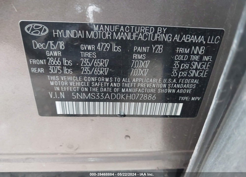 2019 HYUNDAI SANTA FE SEL VIN: 5NMS33AD0KH072886