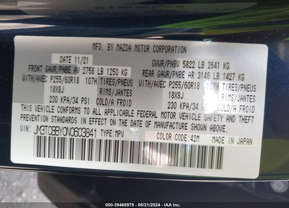 2022 MAZDA CX-9 SPORT VIN: JM3TCBBY0N0603841