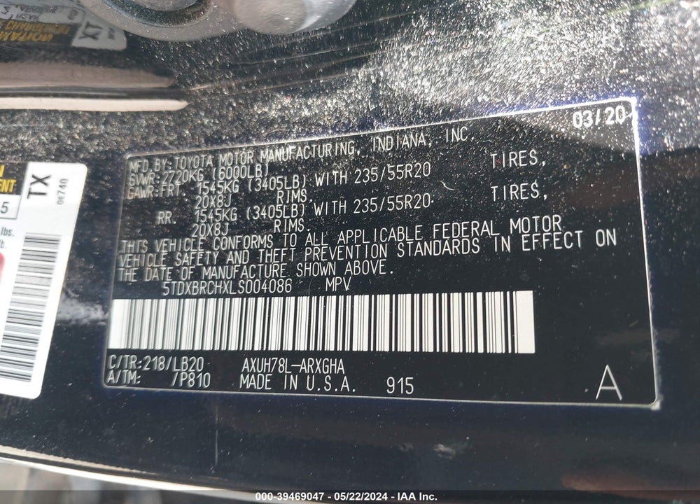 2020 TOYOTA HIGHLANDER VIN: 5TDXBRCHXLS004086