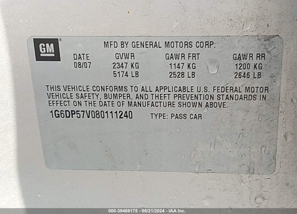 2008 CADILLAC CTS STANDARD VIN: 1G6DP57V080111240