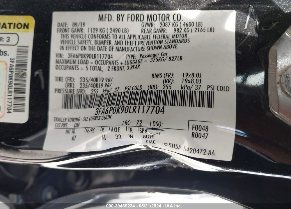 2020 FORD FUSION TITANIUM VIN: 3FA6P0K90LR117704