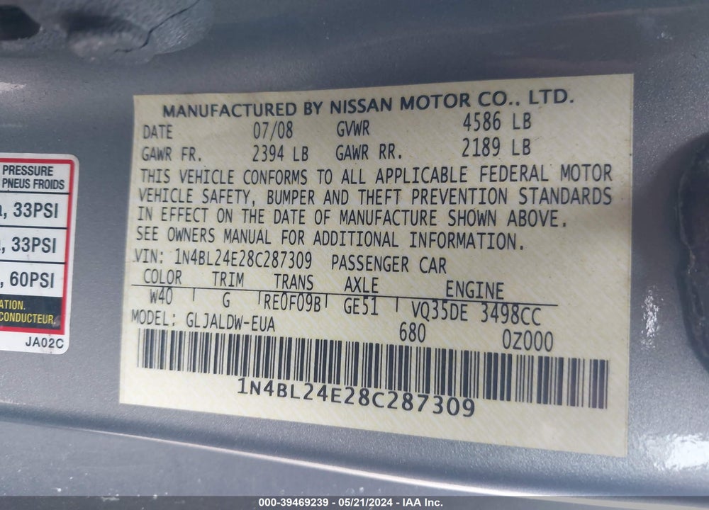 2008 NISSAN ALTIMA VIN: 1N4BL24E28C287309