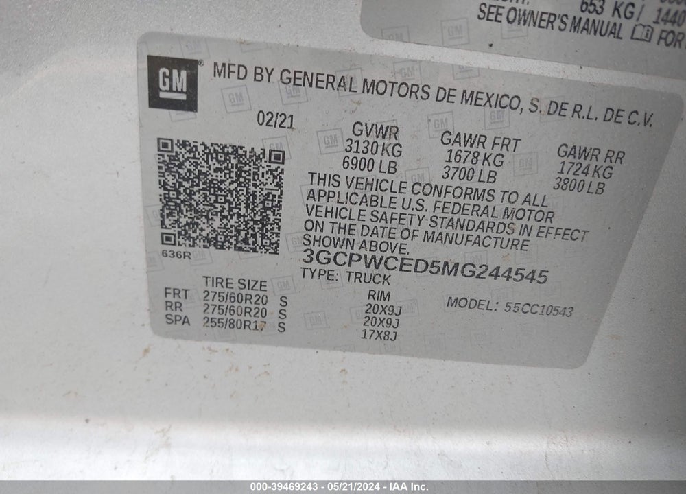 2021 CHEVROLET SILVERADO 1500 2WD SHORT BED LT VIN: 3GCPWCED5MG244545